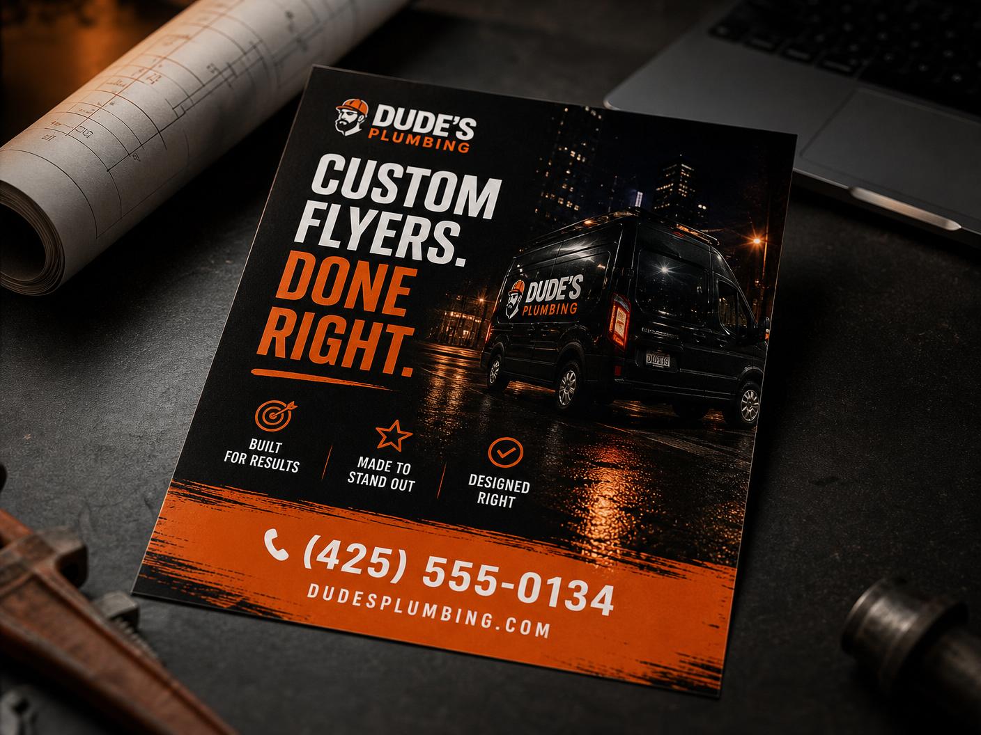 Custom printed flyer for Dude's Plumbing on a workbench